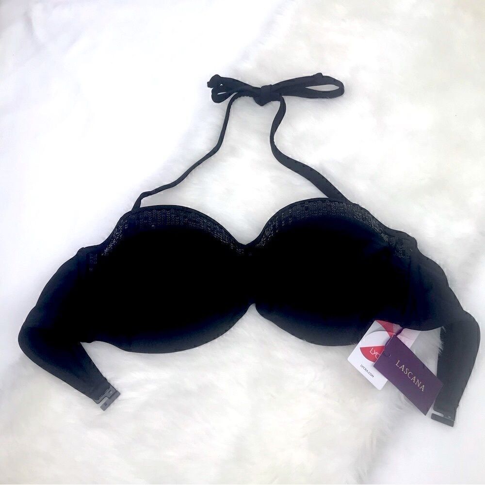 LASCANA New Black Sequin Convertible Swim Bikini / Bandeau Top